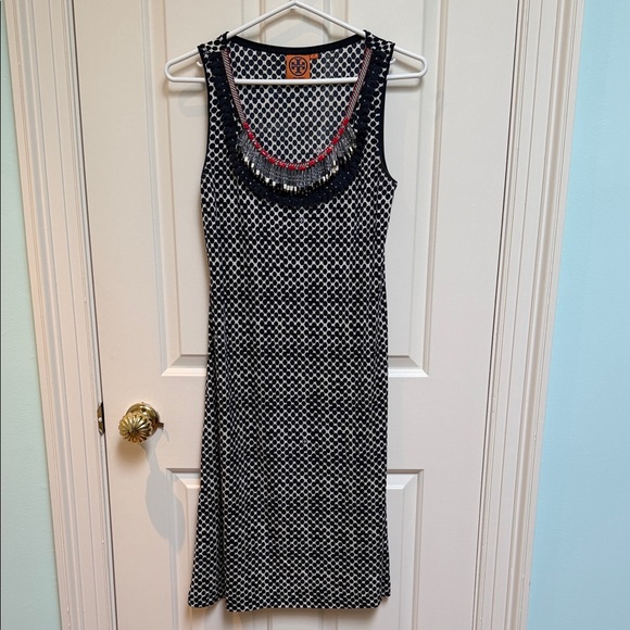 Tory Burch Dresses & Skirts - Tory Burch sz M 100% SILK Navy Dotted beaded collar w blue eyelet trim logo